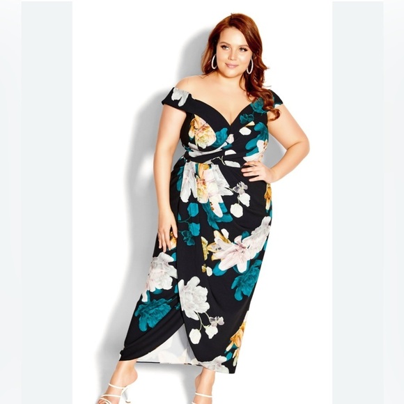 CITY CHIC FLORAL GLOW DRESS Floral Off-Shoulder Dress - Black and Teal NEW 20 - Picture 3 of 10